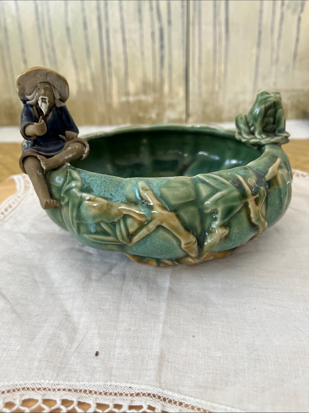 Vintage Chinese Frog and Fisherman Mudman Asian Ceramic Lotus Flower Planter Pot
